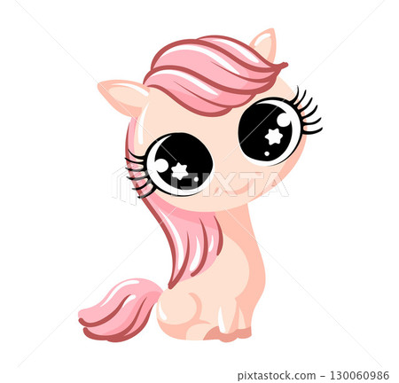 Cartoon pony with big eyes and pink mane. Cute vector illustration isolated on white background. Fantasy animal character. Design for greeting card, invitation, poster, sticker, postcard, wallpaper. 130060986