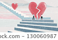 Man and woman standing near big broken heart on stairs background. Love and relationship problems concept, divorce. Vector illustration with space for text. 130060987