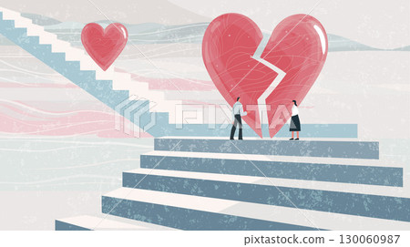 Man and woman standing near big broken heart on stairs background. Love and relationship problems concept, divorce. Vector illustration with space for text. 130060987