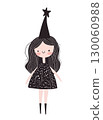 Little witch, girl in black costume and sorceress hat for halloween, festive masquerade. Cute cartoon vector illustration isolated on white background. Design for greeting card, invitation, poster 130060988