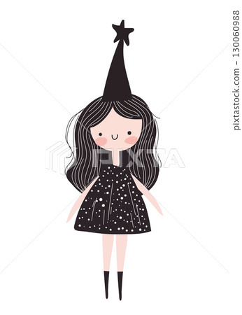 Little witch, girl in black costume and sorceress hat for halloween, festive masquerade. Cute cartoon vector illustration isolated on white background. Design for greeting card, invitation, poster Little witch, girl in black costume and sorceress hat for halloween, festive masquerade. Cute cartoon vector illustration isolated on white background. Design for greeting card, invitation, poster 130060988