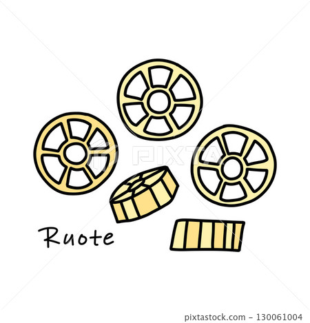 Italian pasta ruote in the form of wheels isolated on white in doodle style, side and top view Italian pasta ruote in the form of wheels isolated on white in doodle style, side and top view 130061004