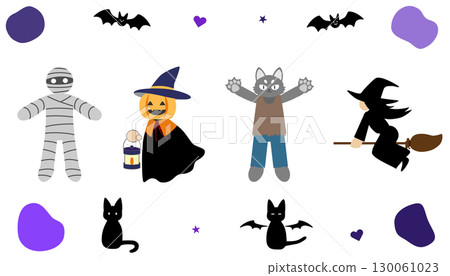 Halloween character set | Mummy, pumpkin witch, werewolf, broom 130061023
