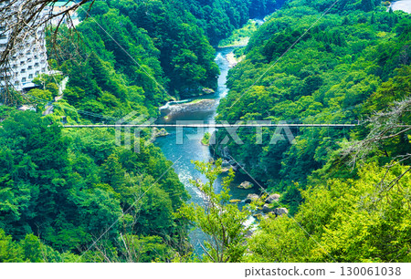 Kinu Tateiwa Suspension Bridge seen from the Tateiwa Observatory in Kinugawa Onsen, Nikko City, Tochigi Prefecture Kinu Tateiwa Suspension Bridge seen from the Tateiwa Observatory in Kinugawa Onsen, Nikko City, Tochigi Prefecture 130061038