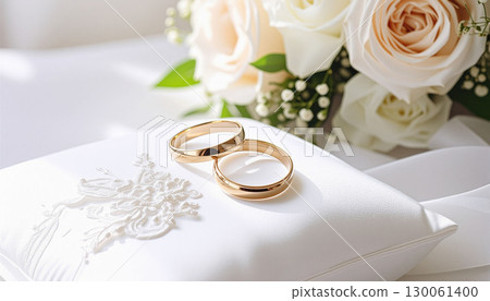 Rose bouquet and wedding rings on a ring pillow 130061400