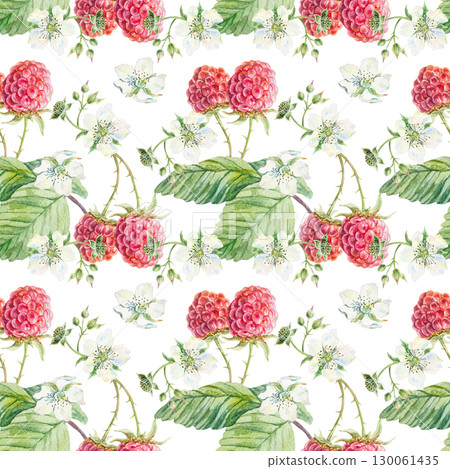 Raspberry seamless pattern. Ripe red berries, green leaves and white flowers. Hand drawn watercolor illustration isolated. Botanical clip art for textile, wallpaper and fabric design. Raspberry seamless pattern. Ripe red berries, green leaves and white flowers. Hand drawn watercolor illustration isolated. Botanical clip art for textile, wallpaper and fabric design. 130061435