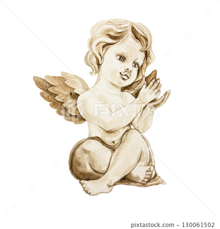 Angel watercolor illustration in monochrome style. Hand drawn cupid figure with wings sitting isolated. For greeting cards and invitations for Valentines day, birthday, Christmas. 130061502