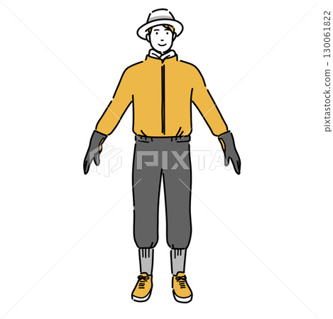 A man in a forest wearing protective clothing against mosquitoes, ticks, and other pests 130061822