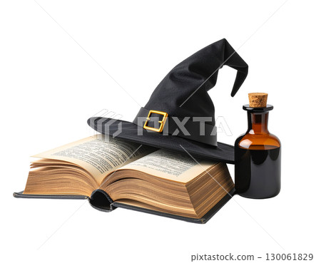 女巫的帽子、魔法書和藥水的極簡主義插圖 130061829