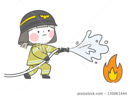 A drawing of firefighter child character to extinguish the fire. 130061844
