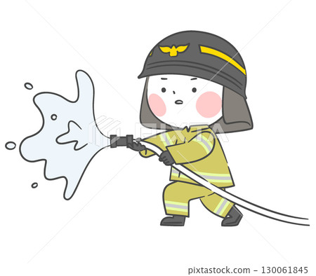 A drawing of firefighter child who sprays water. 130061845