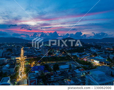 aerial view beautiful pink cloud in sky at twilight above Phuket city. 130062000