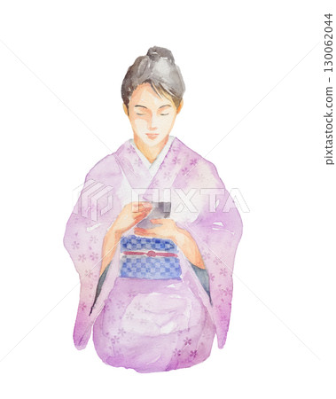 Watercolor painting of a woman in a kimono drinking matcha tea Watercolor painting of a woman in a kimono drinking matcha tea 130062044