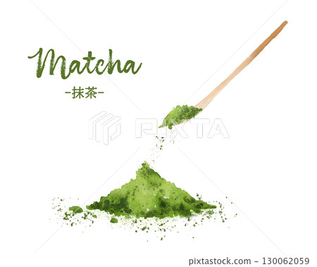 用茶匙舀出的抹茶粉的水彩畫 130062059