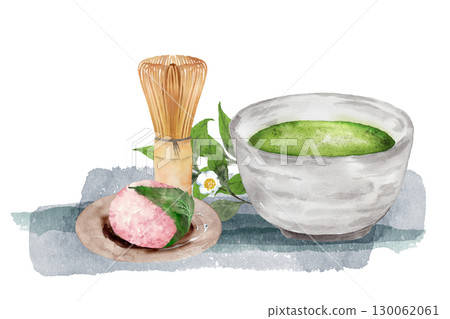 抹茶和櫻花麻糬，茶花水彩畫 130062061