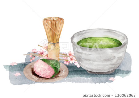 抹茶、櫻花麻糬和櫻花水彩畫 130062062