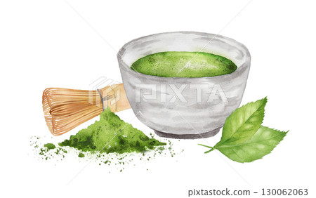抹茶和竹筅、抹茶粉和茶葉的水彩畫 130062063