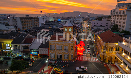 Aerial view of stunning sky above clock tower landmark in Phuket town 130062124