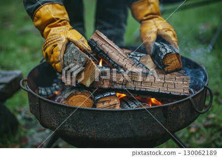 Close-up of hands preparing a bonfire 130062189