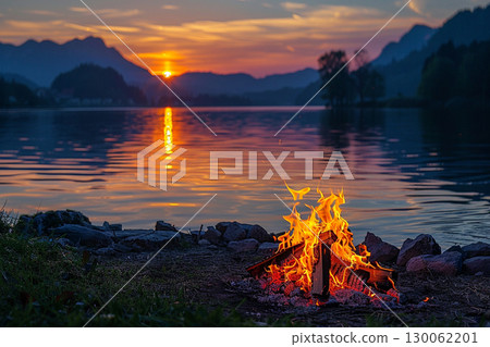 A bonfire burning quietly by the lake at dusk 130062201