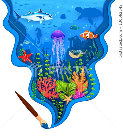 Paper cut underwater landscape banner with cartoon sea animals and paint brush. Vector 3d paper cut wavy borders of ocean coral reef underwater landscape with sea turtle, fish, seahorse and jellyfish Paper cut underwater landscape banner with cartoon sea animals and paint brush. Vector 3d paper cut wavy borders of ocean coral reef underwater landscape with sea turtle, fish, seahorse and jellyfish 130062345