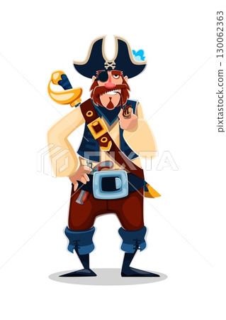 Cartoon pirate corsair character, danger skipper confidently puffs on a curling smoking pipe. Isolated vector filibuster nautical personage wearing a captain hat, armed with a saber and pistol gun Cartoon pirate corsair character, danger skipper confidently puffs on a curling smoking pipe. Isolated vector filibuster nautical personage wearing a captain hat, armed with a saber and pistol gun 130062363