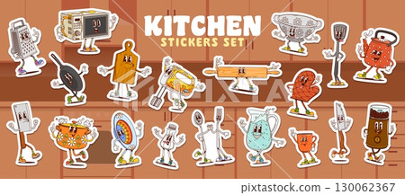 Groovy kitchen utensil and cookware characters stickers pack. Cartoon retro hippie kitchenware vector personages of cute groovy spoon, fork and knives, cooking pot and cup. Psychedelic kitchen tools 130062367