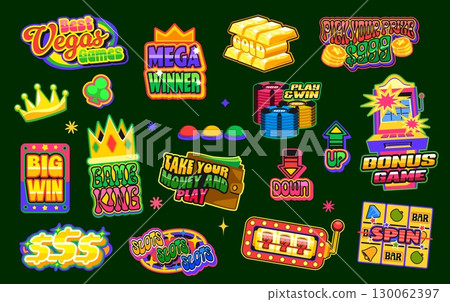 Retro y2k casino stickers, poker and gambling game patch labels. Vector set of slot machines, dollar signs, crowns, chips, and jackpot messages, capturing the fun and excitement of Vegas gamble gaming Retro y2k casino stickers, poker and gambling game patch labels. Vector set of slot machines, dollar signs, crowns, chips, and jackpot messages, capturing the fun and excitement of Vegas gamble gaming 130062397