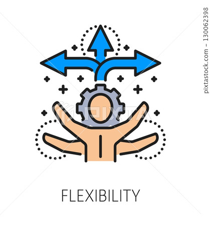Flexibility life skill color line icon or pictogram. Human potential lineart vector symbol, personal quality thin line sign. Personality life skill pictogram or outline icon with multitasking person 130062398