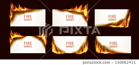 Realistic burning fire flames effect on paper banners with 3d vector burnt edges and corners texture. Horizontal paper banners and cards templates with realistic burning fire flames, sparks and embers 130062411