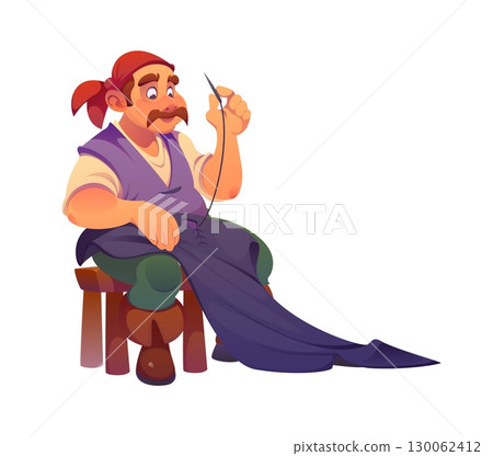 Cartoon pirate tailor ship crew character sitting on stool carefully sewing fabric with a needle and thread. Vector sea corsair personage wears traditional pirate clothing and has a focused expression Cartoon pirate tailor ship crew character sitting on stool carefully sewing fabric with a needle and thread. Vector sea corsair personage wears traditional pirate clothing and has a focused expression 130062412