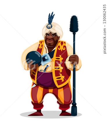 Cartoon African pirate or corsair character with dark skin, dressed in striped trousers, red vest and turban with skull emblem. Vector personage with fierce expression holds cannonball and long brush 130062435
