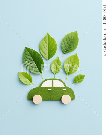Conceptual art of a car and leaves symbolizing a carbon-free society 130062451