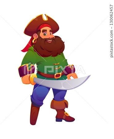 Cartoon pirate and corsair character with bushy beard, tricorn hat with bandana, gold earring, wooden leg and saber. Funny vector cheerful captain personage with happy smile and swashbuckler vibe 130062457