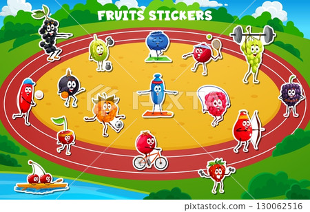Cartoon fruit characters on fitness sport stickers pack. Vector fruits and berries athletes with funny faces workout, lifting weights running, cycling, boxing, archery, doing yoga and gym exercises 130062516