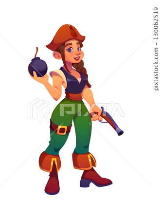 Cartoon medieval pirate and corsair girl character holding a bomb in one hand and a flintlock pistol in the other. Vector adventurous sea rover personage in green pants and tricorn hat exudes boldness Cartoon medieval pirate and corsair girl character holding a bomb in one hand and a flintlock pistol in the other. Vector adventurous sea rover personage in green pants and tricorn hat exudes boldness 130062519
