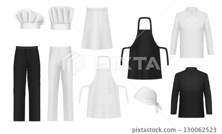 Realistic chef wear and toque hats, vector 3d cook uniform. Black and white restaurant chef kitchen aprons, jacket and pants suits, hats and bandana. Restaurant staff wear, baker and butcher uniform 130062523