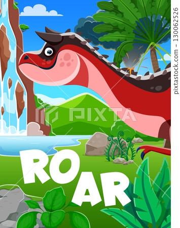 Prehistoric era poster with dinosaur, volcano and tropical jungle forest. Vector playful cartoon dino animal roars loudly in a lush landscape with volcano erupting in the distance and waterfall nearby 130062526