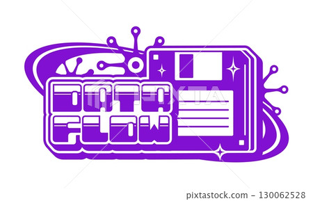 Computer data flow and technology retro Y2K icon or sign. Computer software and data Y2K vector icon, digital technology retro symbol or element with floppy disk, motherboard traces and typography Computer data flow and technology retro Y2K icon or sign. Computer software and data Y2K vector icon, digital technology retro symbol or element with floppy disk, motherboard traces and typography 130062528