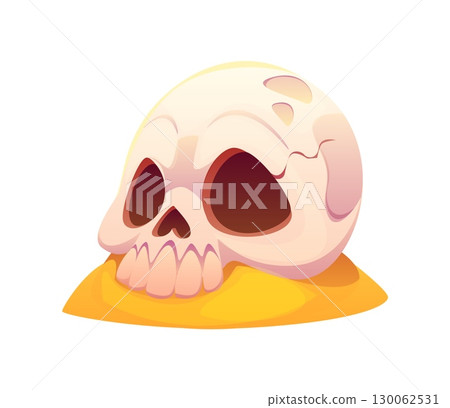 Cartoon human skull resting on a yellow sand mound, with exaggerated eye sockets and smooth shading. Isolated vector cranium, pirate treasure island icon evokes themes of danger, mystery and adventure 130062531