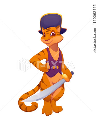 Cartoon tiger animal pirate character. Isolated vector confident corsair personage standing proudly with a sword in hand, wearing a purple vest and captain hat, evokes adventure and heroic spirit 130062535