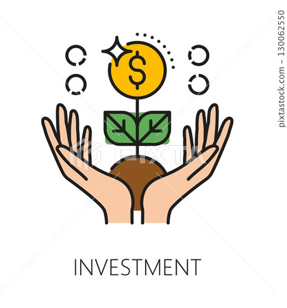 Investment growth, business color line icon or symbol. Business capital startup outline vector symbol, trade and finance sign. Investment fund company icon with money plant growing in human hands 130062550