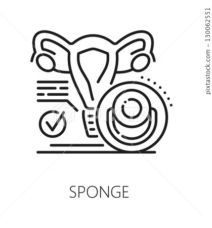 Sponge contraception method line icon or sign. Birth control method thin line vector sign, pregnancy prevention pictogram. Contraception technique symbol with uterus organ and contraceptive sponge 130062551