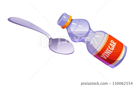 Cartoon plastic vinegar bottle with red label and open cap tilted over shiny silver spoon representing cooking process and food preparation. Vector kitchen utensil and condiment ingredient 130062554