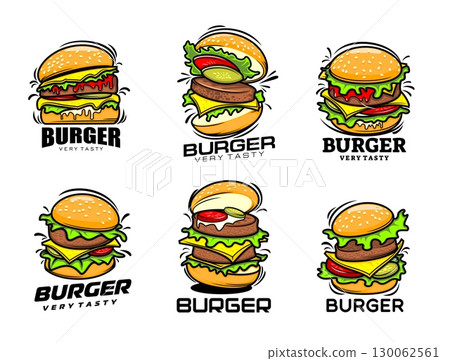 Fast food hamburger and burger icons with vector sandwiches of american fastfood restaurant or cafe. Fast food cheeseburger and hamburger labels of delicious burger buns, beef, cheese and salad Fast food hamburger and burger icons with vector sandwiches of american fastfood restaurant or cafe. Fast food cheeseburger and hamburger labels of delicious burger buns, beef, cheese and salad 130062561