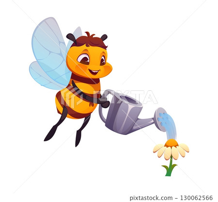 Cartoon honey bee character watering blooming flower with watering can. Vector cheerful, playful and cute honeybee insect personage conveying care, nature, growth and environmental friendliness 130062566