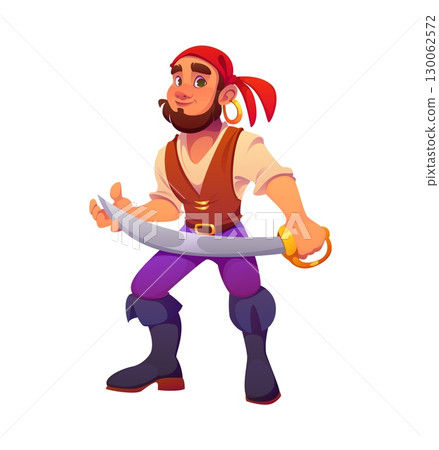 Cartoon medieval sea pirate or corsair sailor character. Isolated vector personage with cunning grin wearing red bandana, brandishing gleaming sword, ready for high seas adventures and daring exploits Cartoon medieval sea pirate or corsair sailor character. Isolated vector personage with cunning grin wearing red bandana, brandishing gleaming sword, ready for high seas adventures and daring exploits 130062572