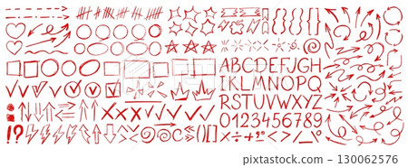 Red crayon pencil hand drawn doodle alphabet, arrow and star, check and line, frame and bubbles. Vector set of sketch symbols, abc, numbers, checkmarks, punctuation, circles, letters for infographics 130062576