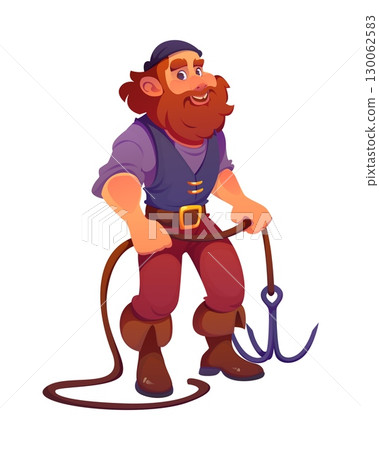 Pirate ship crew character, cartoon cheerful corsair sailor with a beard brandishes grappling hook ready for adventure on the high seas. Isolated vector swashbuckling, adventurous buccaneer in bandana 130062583