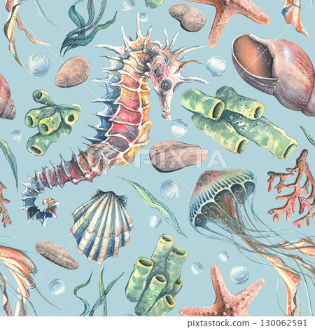 Seamless pattern with seashells, jellyfish seaweed and seahorse in soft blue tones, hand-painted watercolor illustration for packaging, wallpaper, fabric and summer decor. 130062591